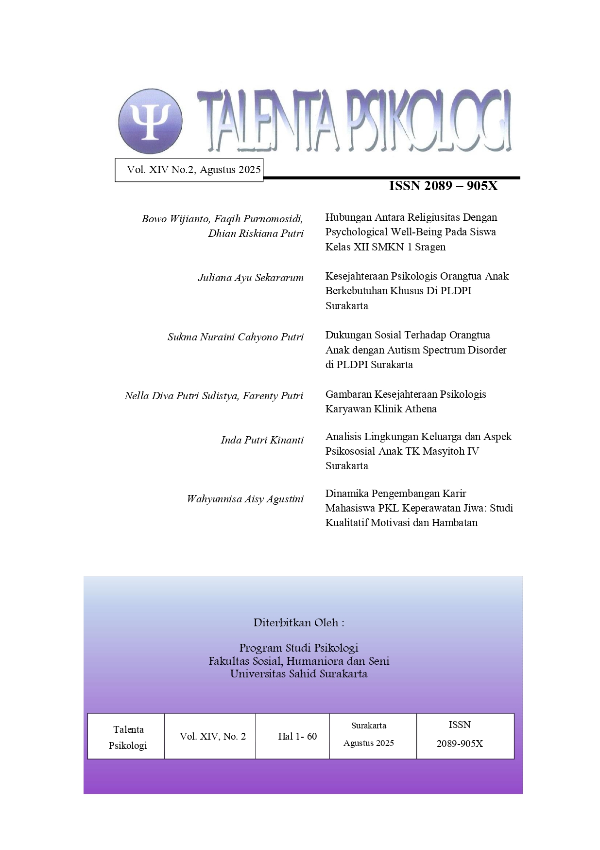 					View Vol. 14 No. 2 (2025): Jurnal Talenta Psikologi Vol XIV No. 2 Tahun 2025
				