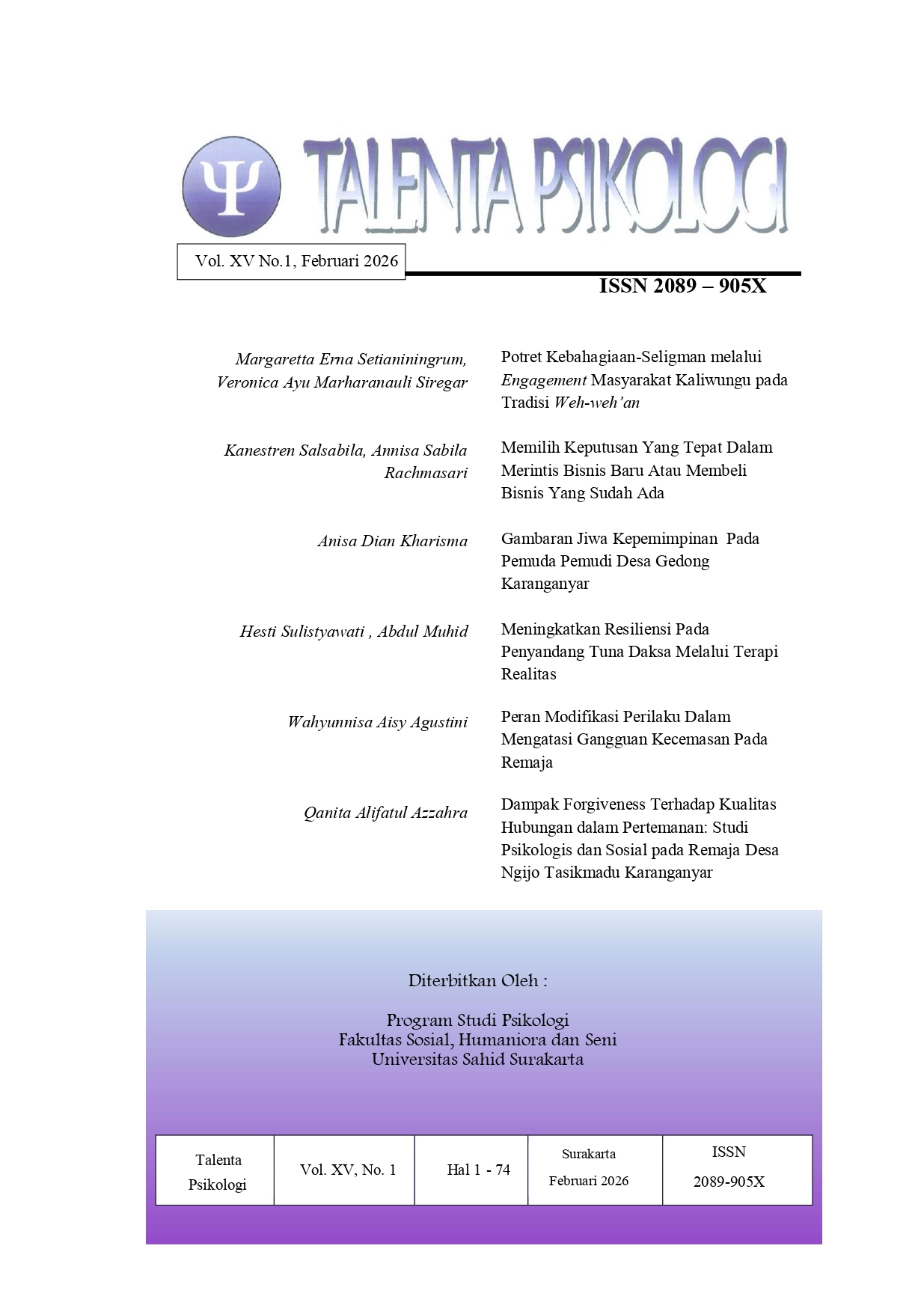 					View Vol. 15 No. 1 (2026): Jurnal Talenta Psikologi Vol XV No. 1 Tahun 2026
				