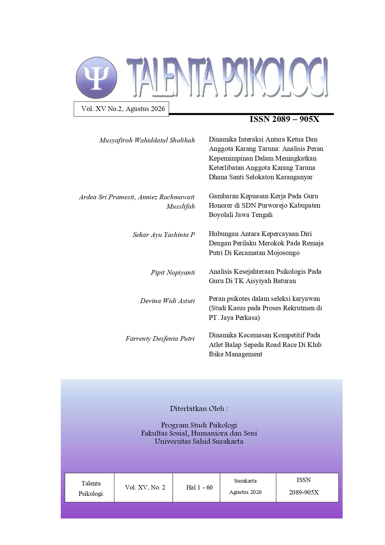 					View Vol. 15 No. 2 (2026): Jurnal Talenta Psikologi Vol XV No. 2 Tahun 2026
				